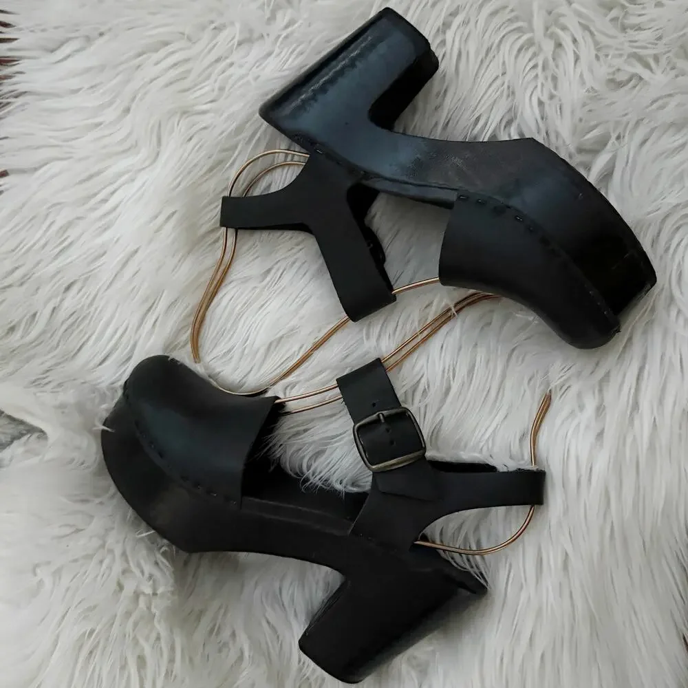 NO. 6 | Solid Black Platform Jane Clog Mary Jane Clogs Heels |‎ Size 39